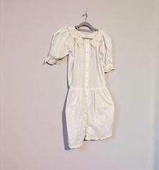 Antique Edwardian Style White Cotton Button-Front Prairie Dress with Lace Collar