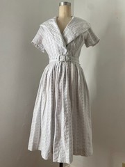 Vintage 1950s White Embroidered Shawl Collar Dress Cotton Small 26 in Waist