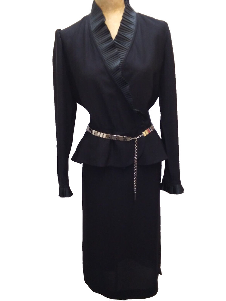 Vintage 1980’s Black Rayon Skirt Suit & Silver Belt Suit by Oggee by Rizkallah M