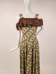 1930’S HEART + FLORAL CHECK COTTON LONG DRESS W SILK ORGANZA RUFFLE + TRIM