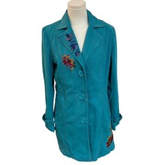 Vintage Tracy Porter Teal Cotton Canvas Floral Embroidered Boho Trench Coat L