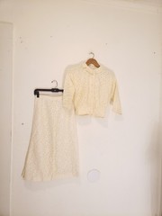 Vtg 60s Ivory Lace Sz S Midi Skirt Suit Jacket Set Handmade Rhinestones Mod