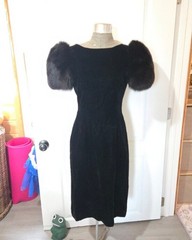 Vintage 1980s Victor Costa Black Velvet Dress with Mink Puff Sleeves, Size 6?