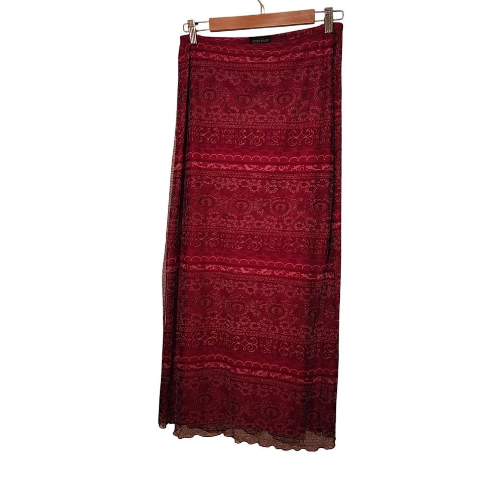 Vintage Emporium 1849 Red Mesh Maxi Skirt Y2K Paisley Floral Lettuce Hem- Size L
