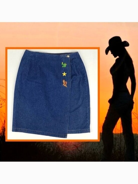 Y2K 90s Vintage 100% Cotton Denim Western Cowboy Boots Cactus Embroidered Skirt