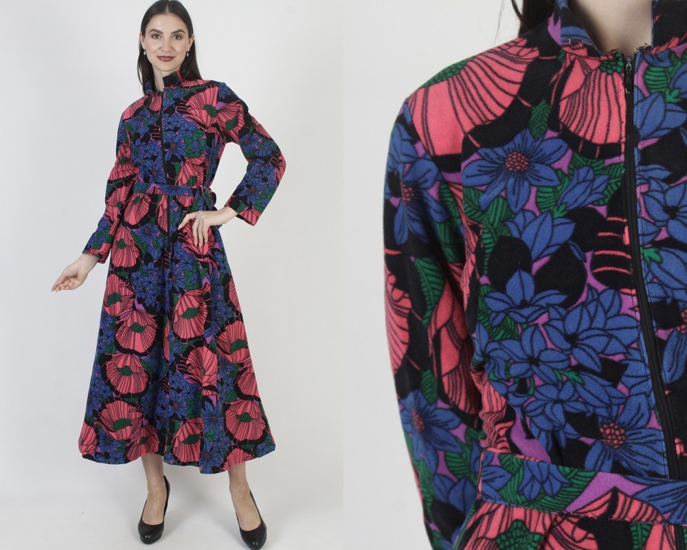 Vtg Vanity Fair Night Gown Belted Floral House Dress Zip Up Peignoir Bed Gown