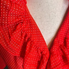 VTG NaMa CA Blouse Sheer M Red Polka Dot Ruffle Pinup Rockabilly Americana Retro