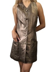 CHANEL Vintage 94A CC Logo Button Leather Dress One-piece #38 Gold Bronze