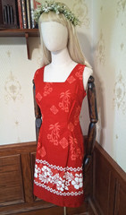Vintage 1980s Royal Creations Hawaii Cotton Red Hibiscus Tiki Aloha Sundress