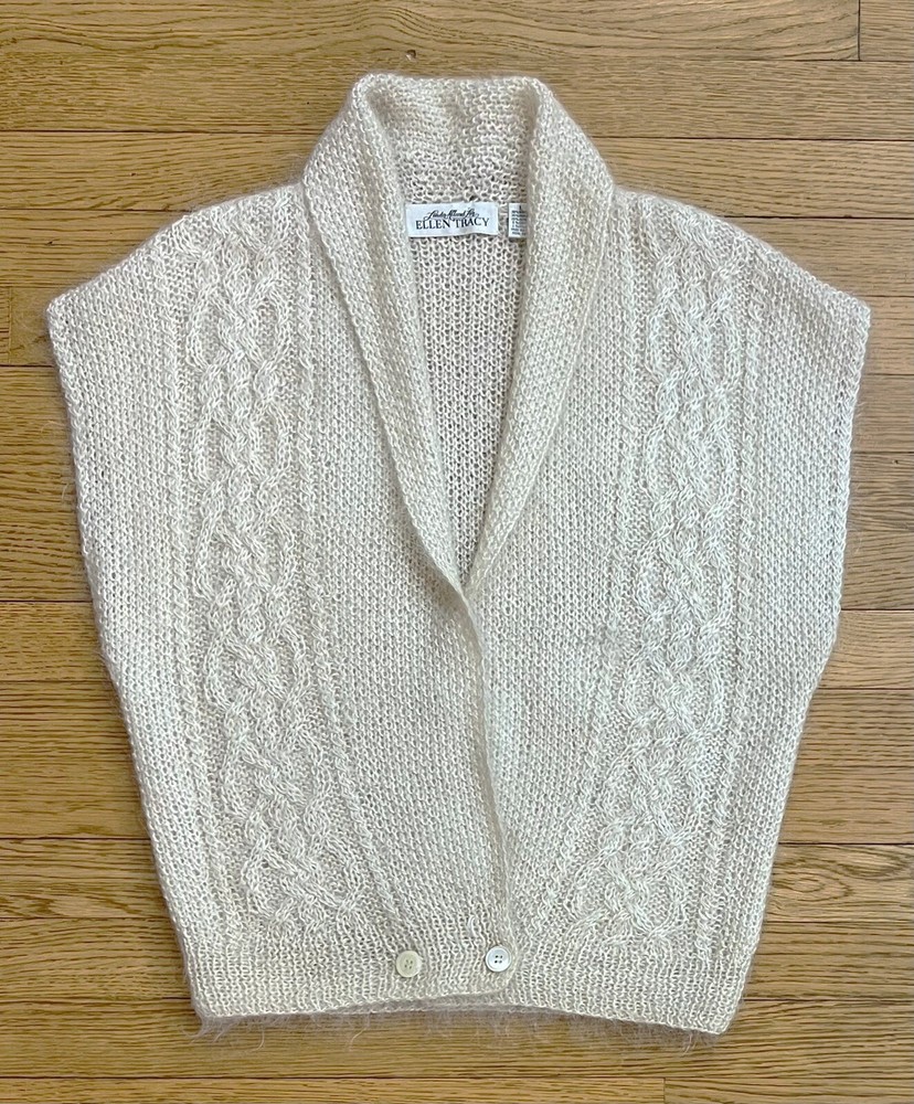 Vintage LINDA ALLARD for ELLEN TRACY Hand Knit Mohair Bl. Cardigan Vest L Ivory