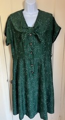 1950s Green Floral Crystal button Vintage Hand-Sewn short sleeve Dress L sz 12