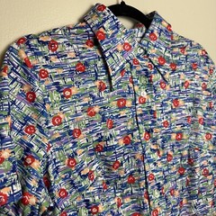Vintage 1970s Blue Red Green Purple Floral Abstract Patterned Shirt Sleeve Top