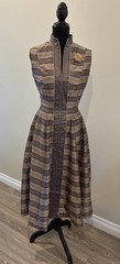 Vintage 1950s Suzy Perette Dress MCM Brown Navy Midi Fit & Flare & Brooch
