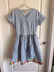 Vintage All That Jazz Striped Dress 14 Blue White Floral Hem Cottagecore Cotton