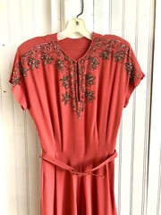 1940’s Coral Silk Crepe Silver Sequin Floral Cocktail Dress