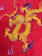 Vintage 60s Golden Bee Red Dragon Kimono Robe Rayon Hand Embroidered Dragon Smal