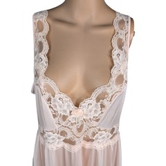 Vtg 60s 70s Adonna Peach Pink Satin Maxi Slip Dress L Tall Lace Rose Bud Pearl