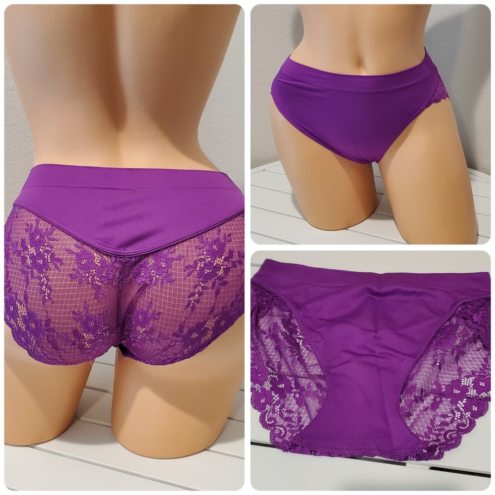 Satin Strech Bikini Panty Nylon Spandex Floral LACE Back 5/S Purple