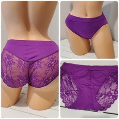 Satin Strech Bikini Panty Nylon Spandex Floral LACE Back 5/S Purple