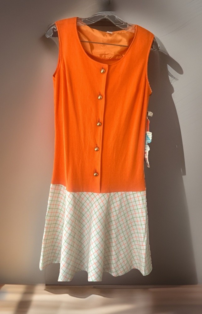 1960s vintage BeeDee JRS Shift Dress Orange And Plaid Original Paper Tags Sz 15