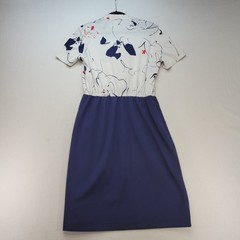Lady Carol Dress Womens M Blue White Vintage Pussy Bow Floral Midi Short Sleeve
