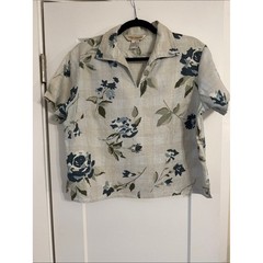 VTG 80s Floral Short Sleeve Cropped Blouse Blue Green 100% Linen Relaxed Collar