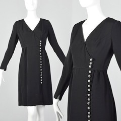 XS 1960s Fred Perlberg Black Dress VTG Decorative Buttons Long Sleeve Gathered