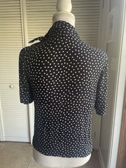 Vintage Perry Ellis Bergdorf Goodman Blue Polka Dot High Neck Tie Blouse Small S