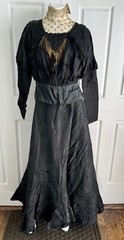 Antique Victorian Late 1800’s Black Two Piece Dress Lace Fringe Bodice Ruffles