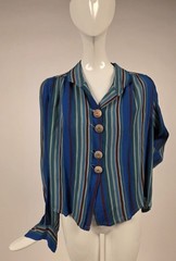 VINTAGE 1930’S RICH STRIPED RAYON BLOUSE W WOOD BUTTON CLOSURE