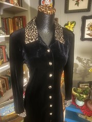 Vtg Black Velvet Leopard Retro Mod 90s Goth Punk Cheetah Sexy Jacket Dress Y2K