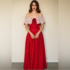 House of Bianchi Vintage 1940s Red Off-Shoulder Lace Corset Gown | Made in USA