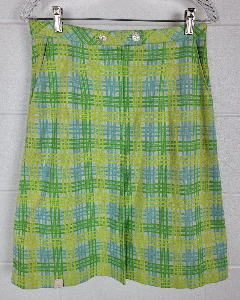 Vintage 60s-70s NWT Geistex Geist Green Blue Plaid Polyester Blend Skirt 14