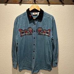 Vintage Faded Glory Women’s Christmas Teddy Bear Denim Shirt, size 14W/16W