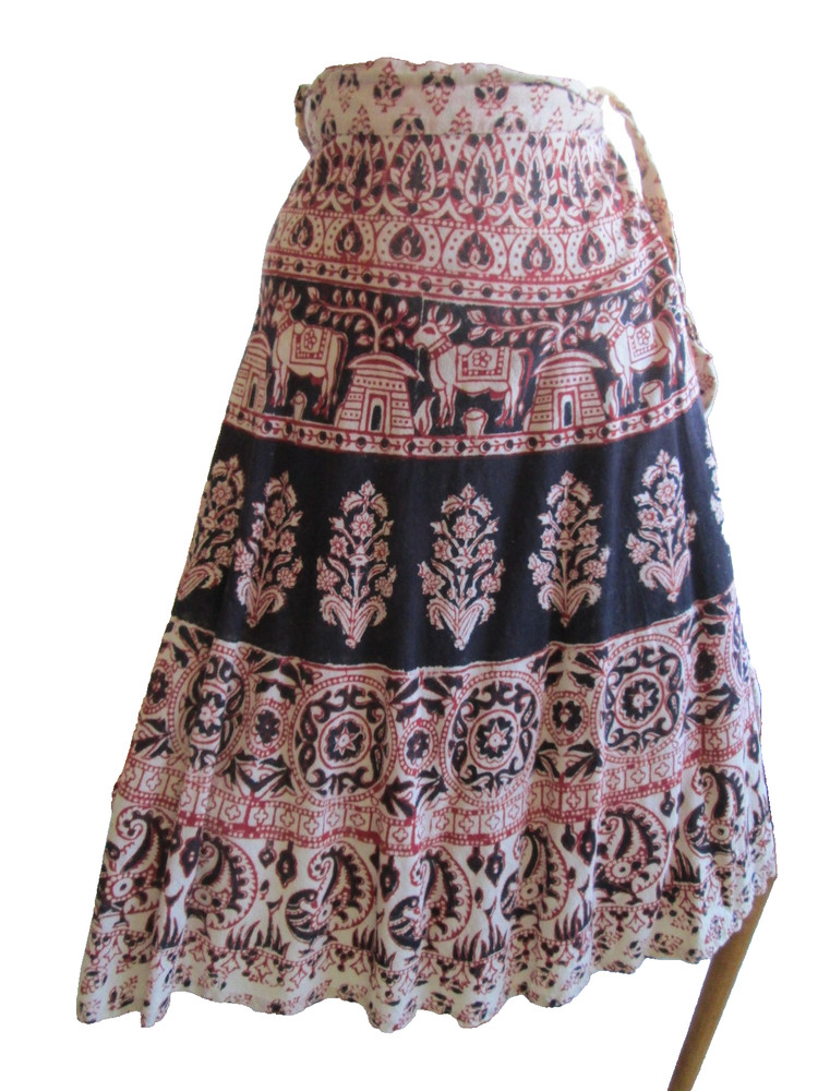 1970s Hippie boho INDIA Hand Blocked Wrap Skirt Paisley,Peacocks ,Symbols ethnic