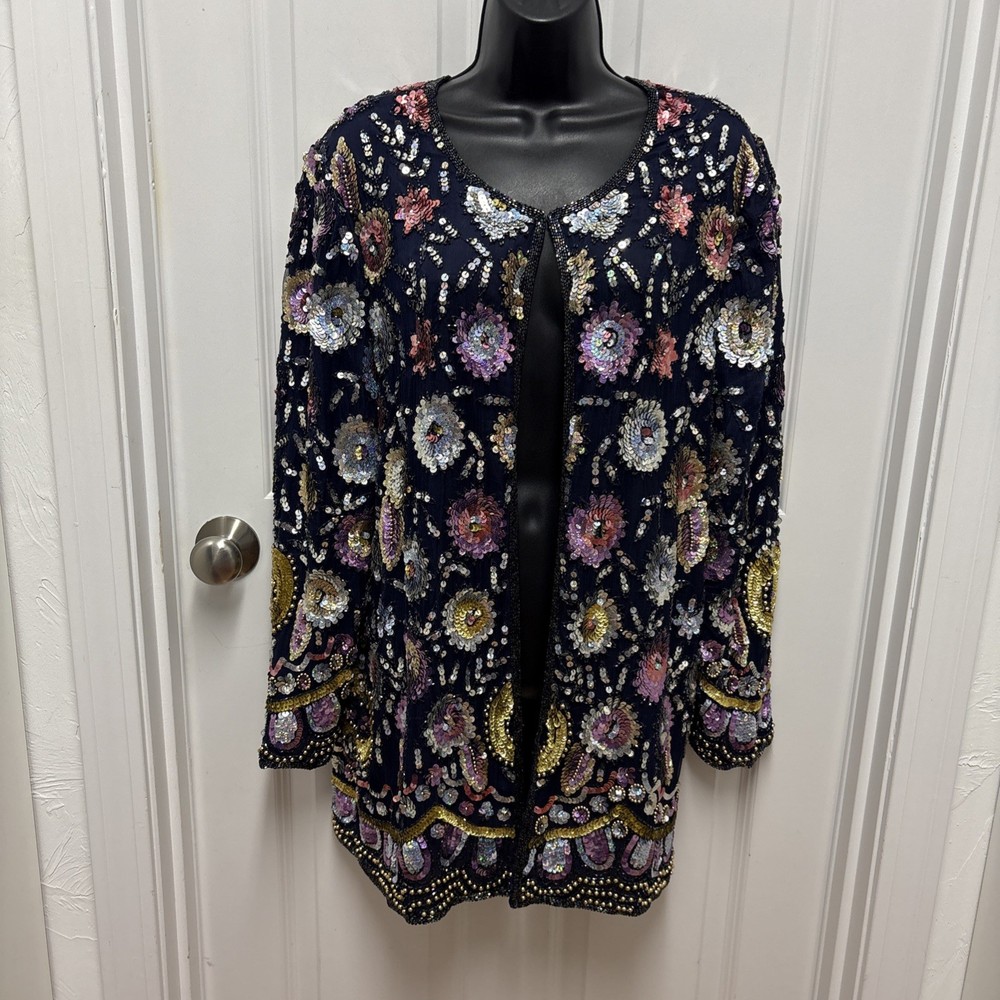 Vintage 80s Silk Floral Sequined Beaded Joseph Le Bon Navy Tunic Jacket Top XL