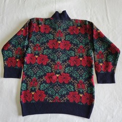 Vintage 80s Carol Horn Knitware Sweater Navy-Blue Red Floral Size S Wool Retro