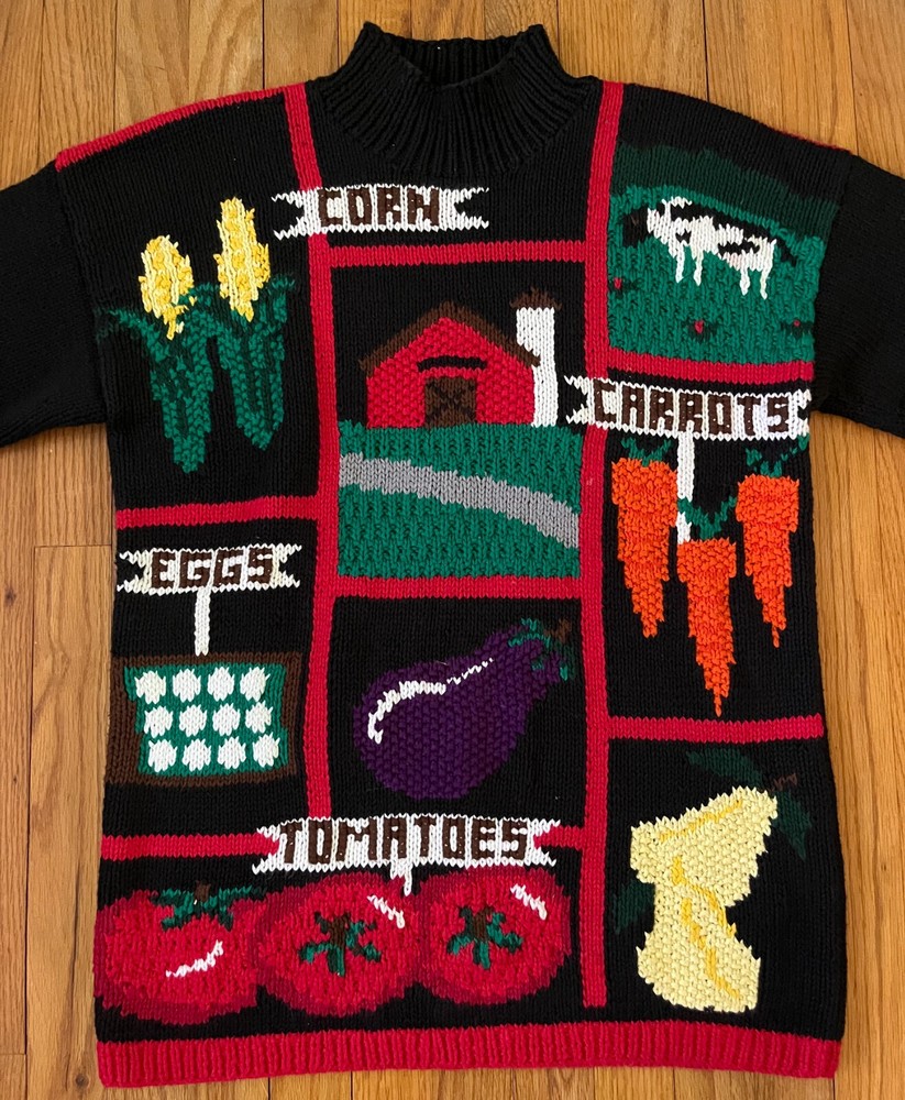 Vintage 1980s Karen Scott Handknits Vegetable Garden Turtleneck Sweater Women M