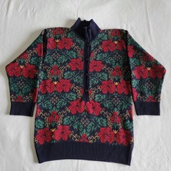 Vintage 80s Carol Horn Knitware Sweater Navy-Blue Red Floral Size S Wool Retro