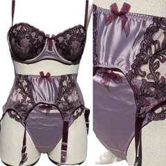 Vtg NOS Bra Bikini Panty Garter Belt Set Secrets in Lace Satin Plum Purple M 34C