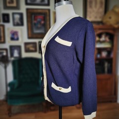 Jaeger Cardigan Navy Blue Vintage 80s Wool Gold Button Preppy British Sweater S