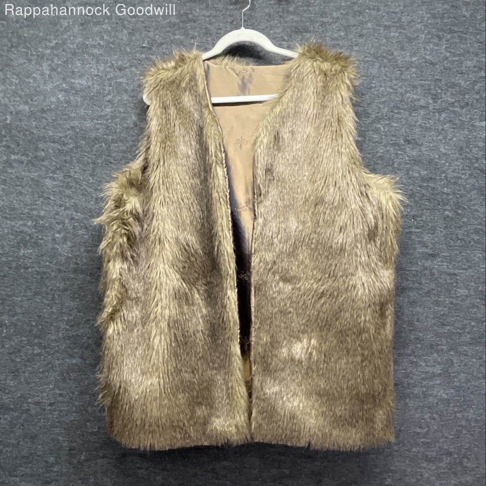 Vintage 70s Women’s Brown Faux Fur Vest Satin Fleur-de-Lis Lining Open Front