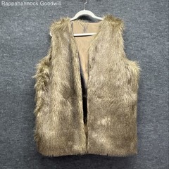 Vintage 70s Women’s Brown Faux Fur Vest Satin Fleur-de-Lis Lining Open Front