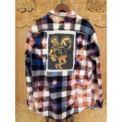 Distressed Upcycled Grunge Flannel Bleach Dye Jinx Patch Folk Art Shirt XL