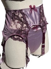 Vtg NOS Bra Bikini Panty Garter Belt Set Secrets in Lace Satin Plum Purple M 34C