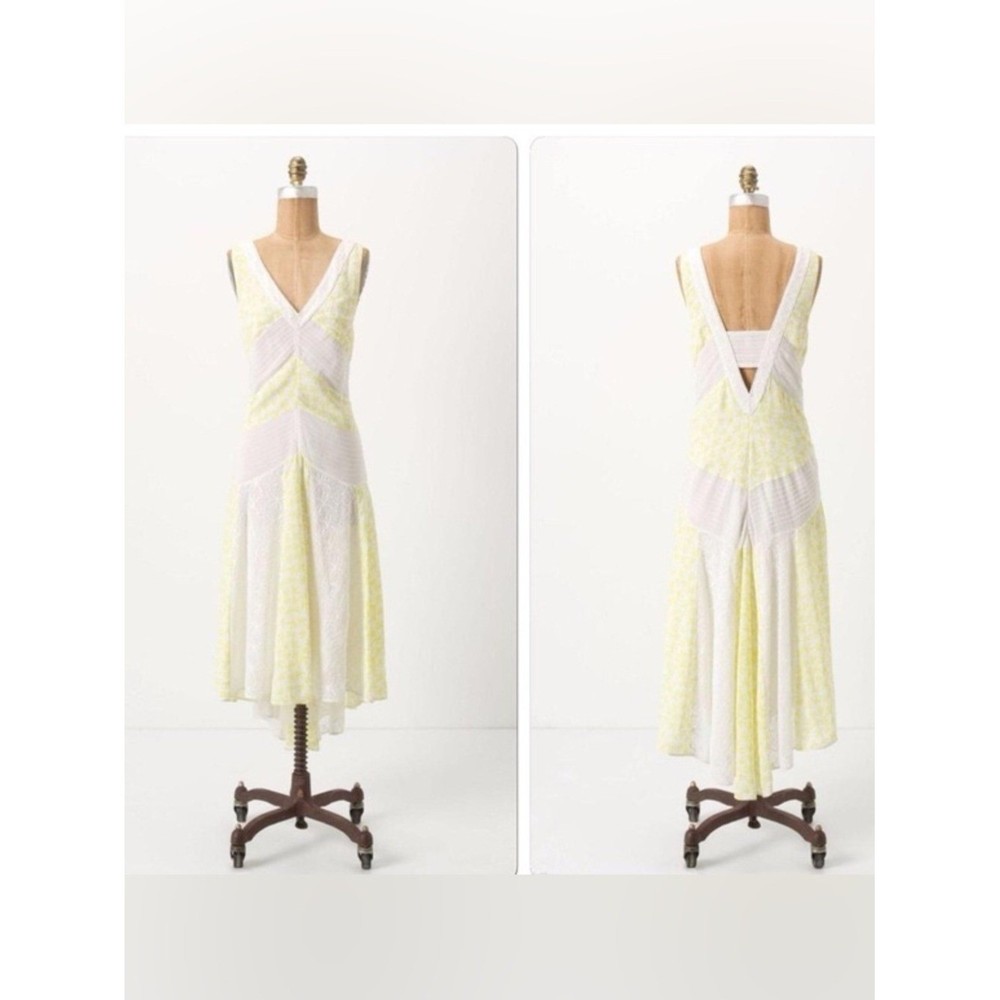 Anthropologie Boho Cottagecore Leifnotes Light Yellow & White V‑Neck Midi Dress