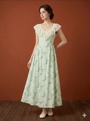 70s vintage Prairie Gown Handmade GREEN PURPLE EYELET & LACE Maxi Long Dress S