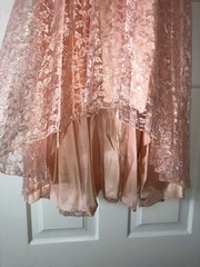 S Pink Sateen Lace Waterfall Dress Puffy Sleeve Ruched Drop Waist Asymmetrical