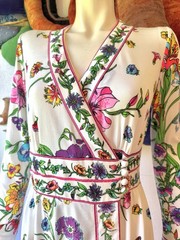 Vintage 1970s BOTANICAL PRINT GOWN Dress Poly Jersey Signed Novelty Floral 1960s