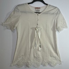 Vintage Dolce Lia Lace Trim Lingerie Top Ivory Short Sleeve L Satin Bow Italy